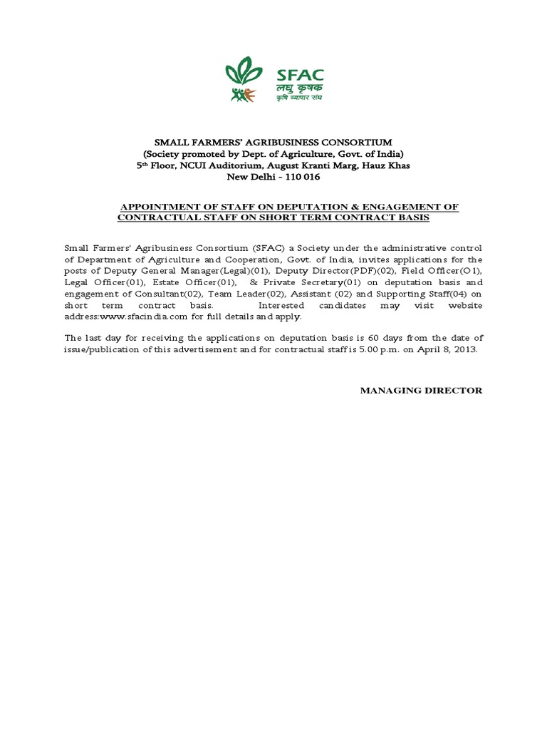 SFAC Deputation Job Openings | PDF | Reserve Bank Of India | Government