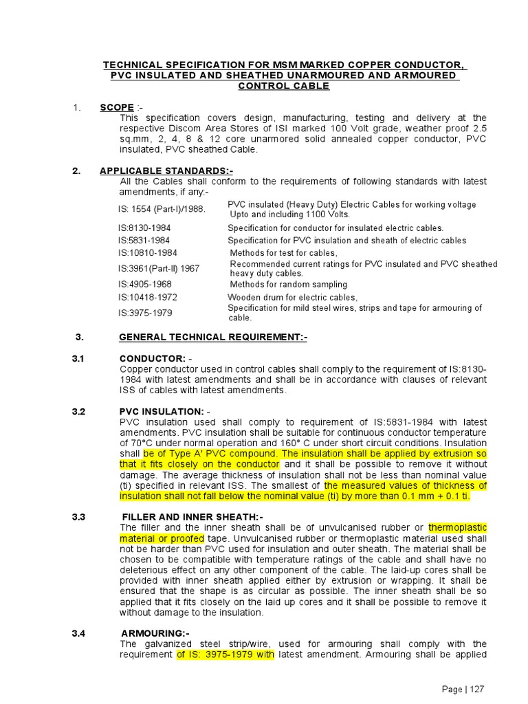 Technical Specification of Control Cable | Electrical Wiring | Cable