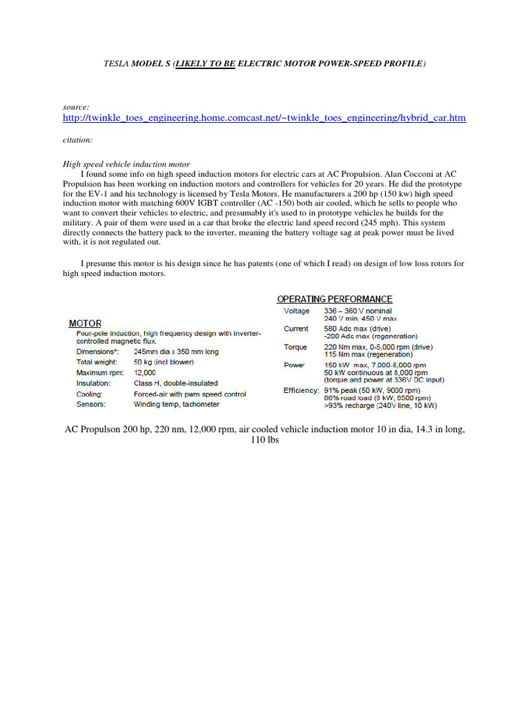 Tesla Model s (Electric Motor Specifications) Electric Motor Tesla