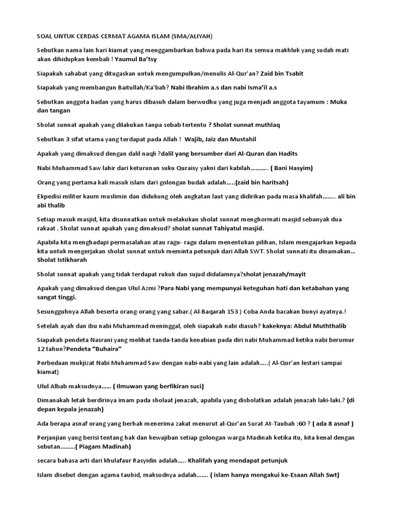 Contoh Soal Cerdas Cermat Agama Islam Tingkat Sma