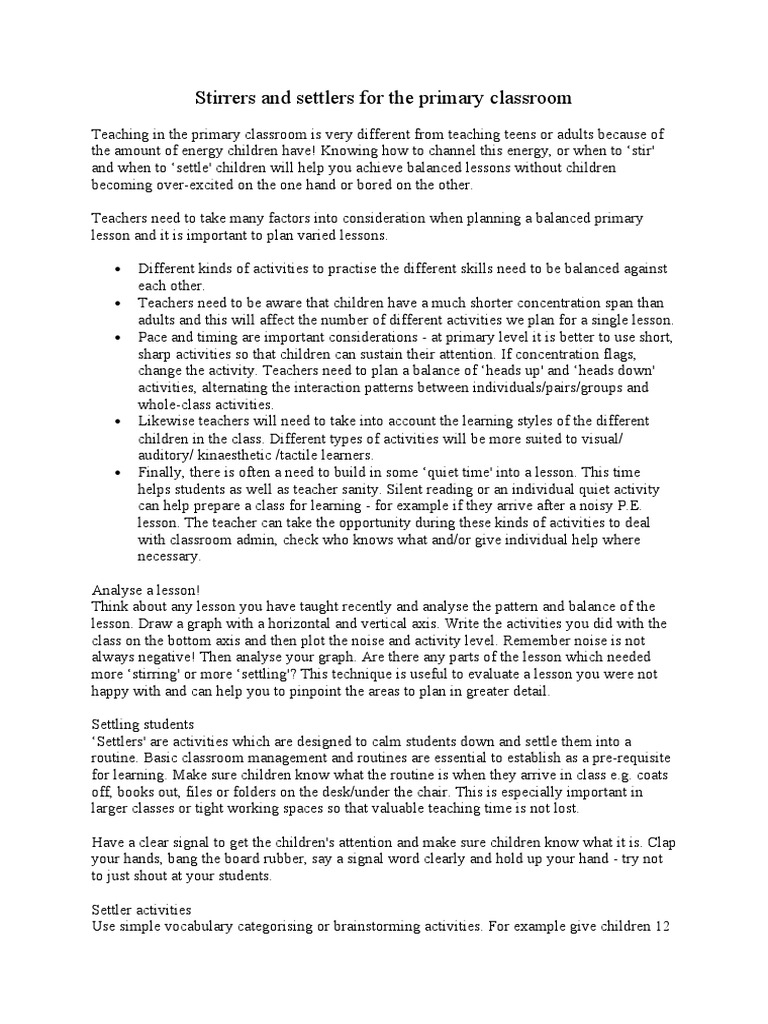 Balancing Stirring and Settling Activities to Engage Primary Students