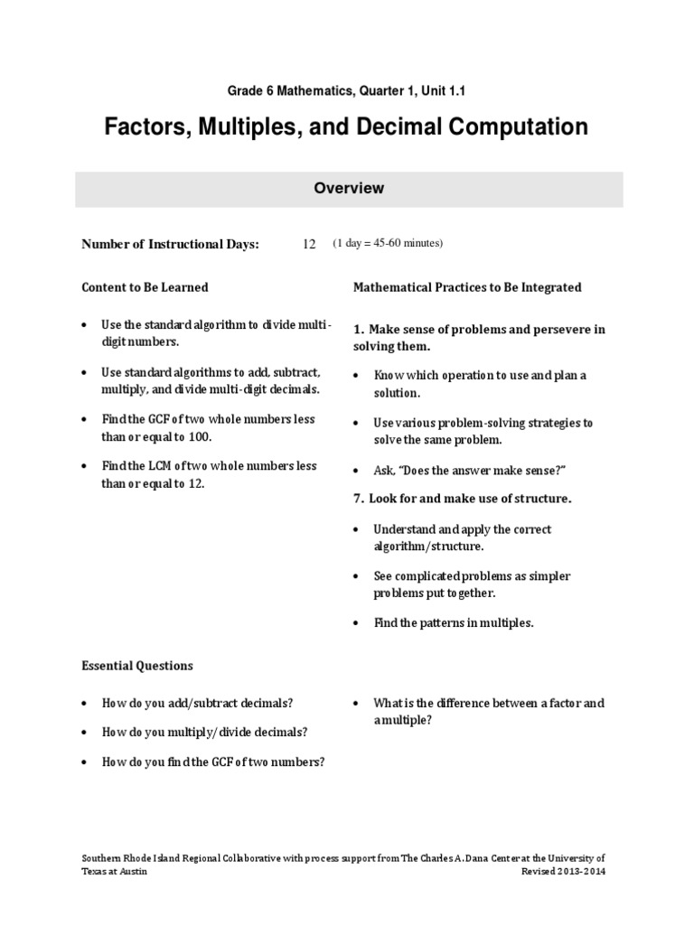 Grade 6 Sorico Math Unit 1 1 2013-2014 | PDF | Division (Mathematics ...