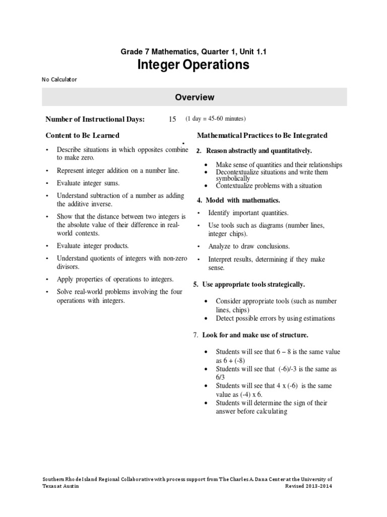 Grade 7 Integer Operations Curriculum | PDF | Multiplication | Division ...