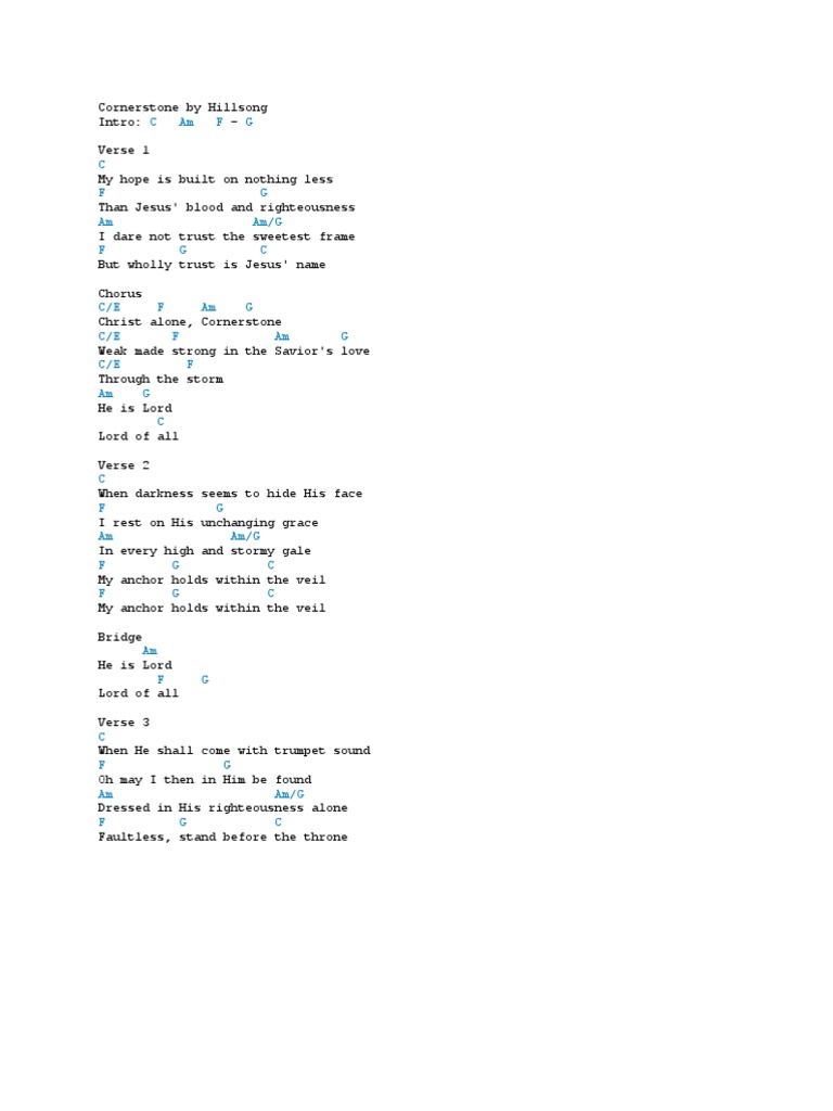 Hillsong Cornerstone Guitar Piano Bass Song Structure Entertainment General