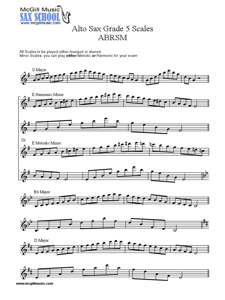 Alto Sax Grade 5 Scale Sheet