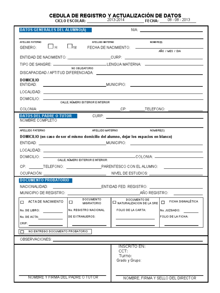 Cedula de Registro y Actualizacion de Datos 20132014