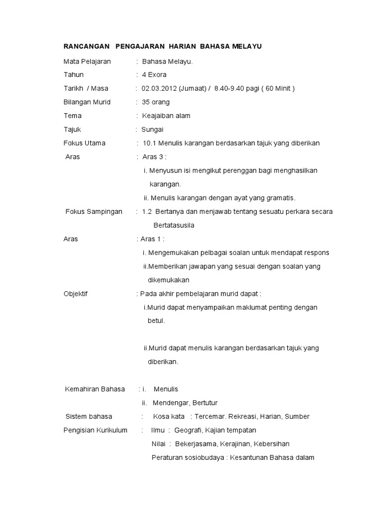 Rancangan Pengajaran Harian Bahasa Melayu Pdf