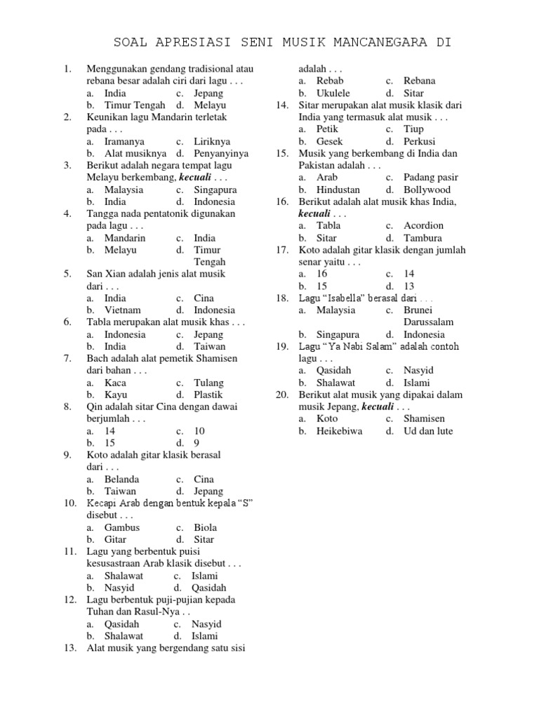 Contoh Soal Materi Musik Dan Mancanegara