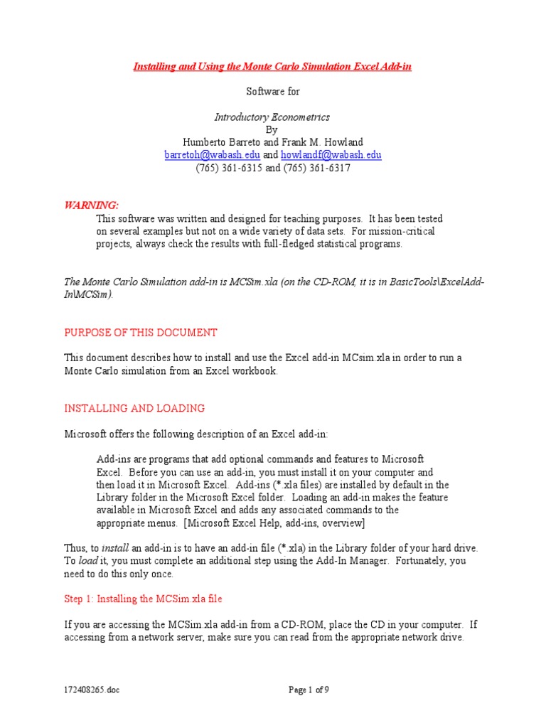 Monte Carlo Simulation Add-in Guide | PDF | Spreadsheet | Microsoft Excel