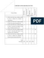 Table of Specifications For Objective Test