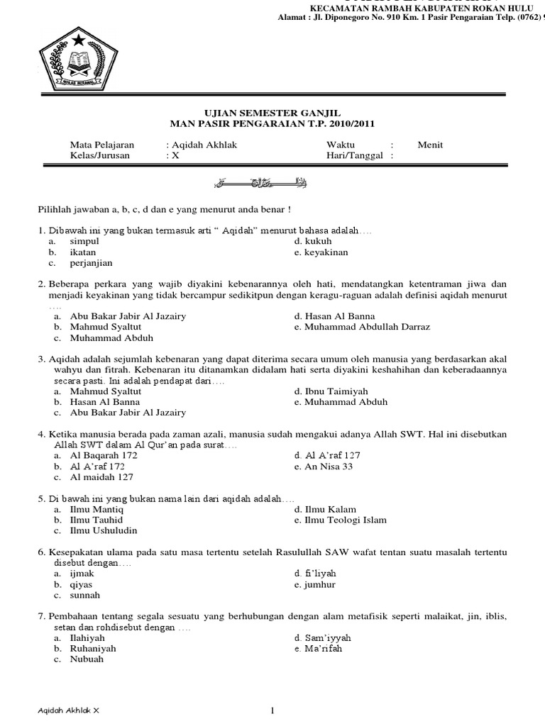 Soal Akidah Akhlak Tingkat Smp Kelas 9 Pdf