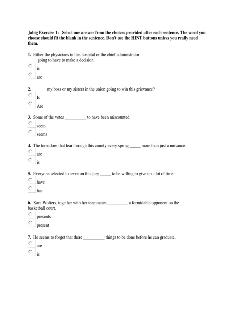 Subject Verb Agreement Excercises | Homework | Verb