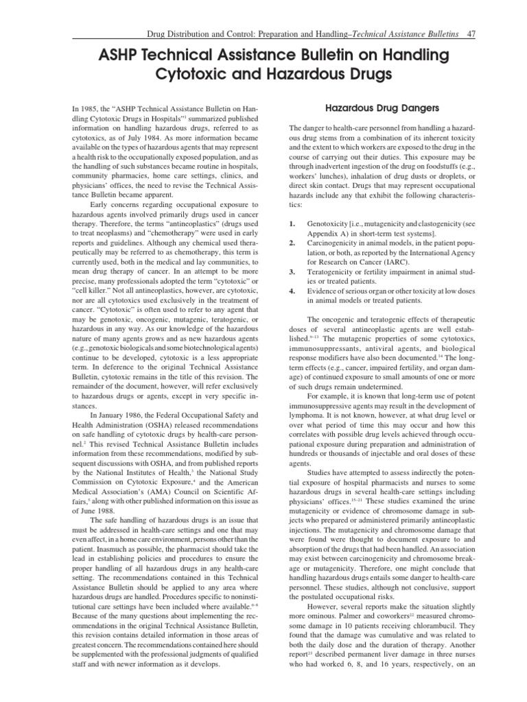 ASHP Technical Assistance Bulletin On Handling Cytotoxic and Hazardous Drugs Download Free PDF