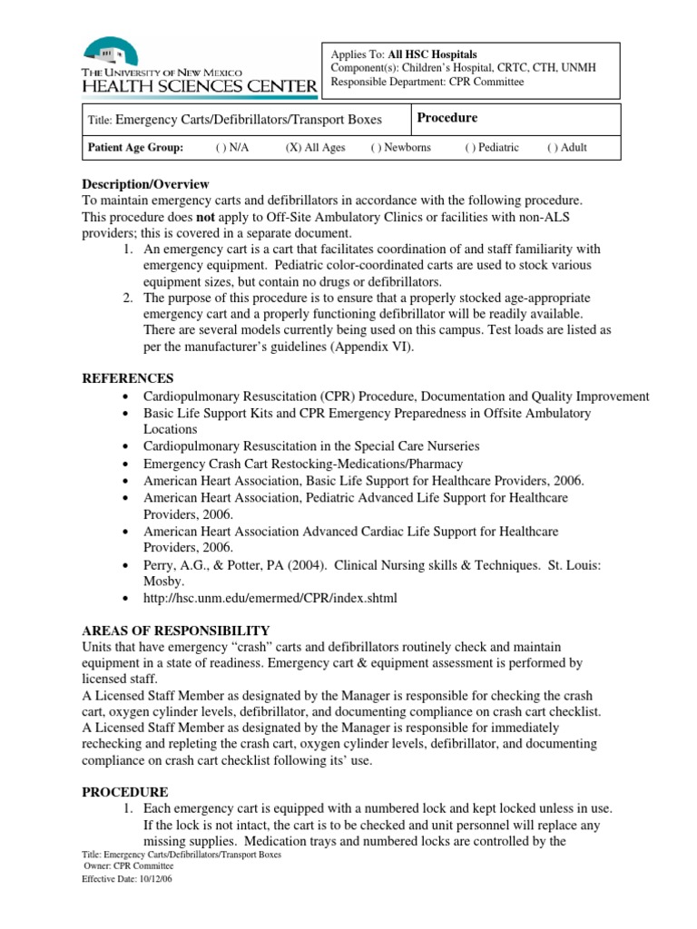 Emergency Cart Maintenance Procedures | PDF | Cardiopulmonary ...