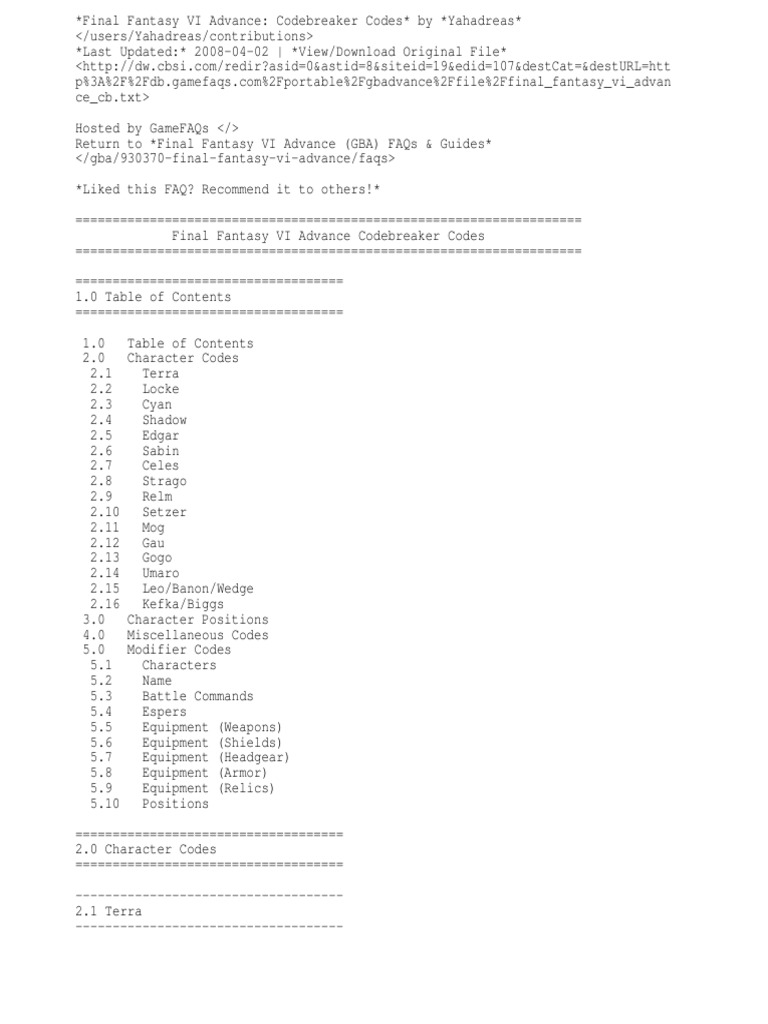 Final fantasy 6 gameshark codes