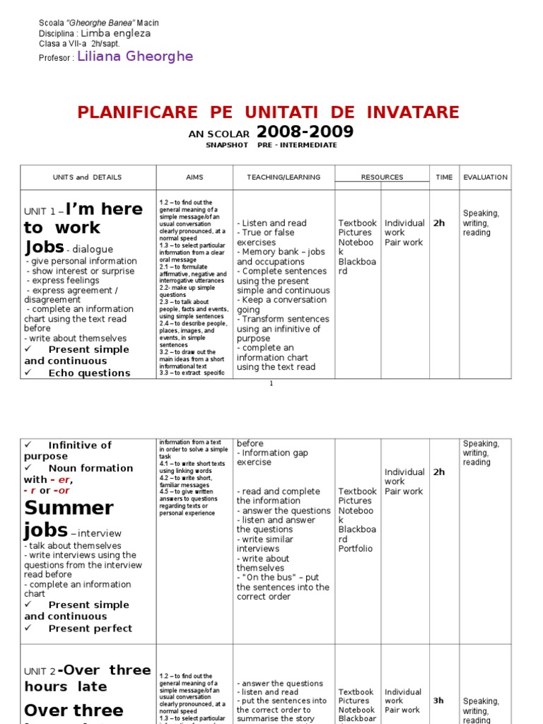 Planificare Pe Unitati de Invatare: Liliana Gheorghe | PDF | Career ...