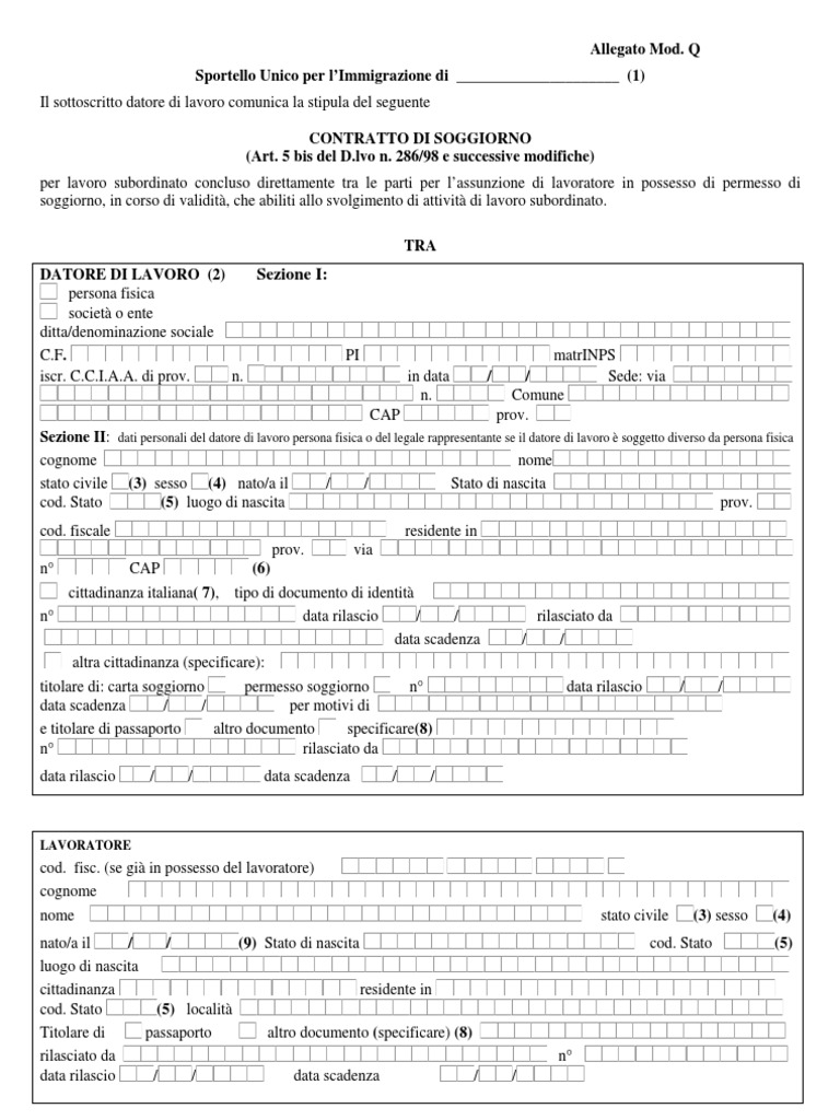 Contratto Di Soggiorno Mod Q
