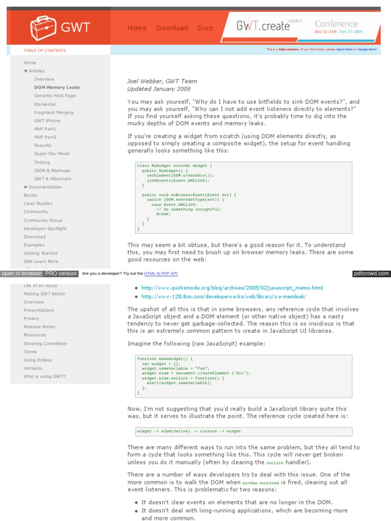 GWT Team on DOM Events and Memory Leaks | PDF | Document Object Model ...