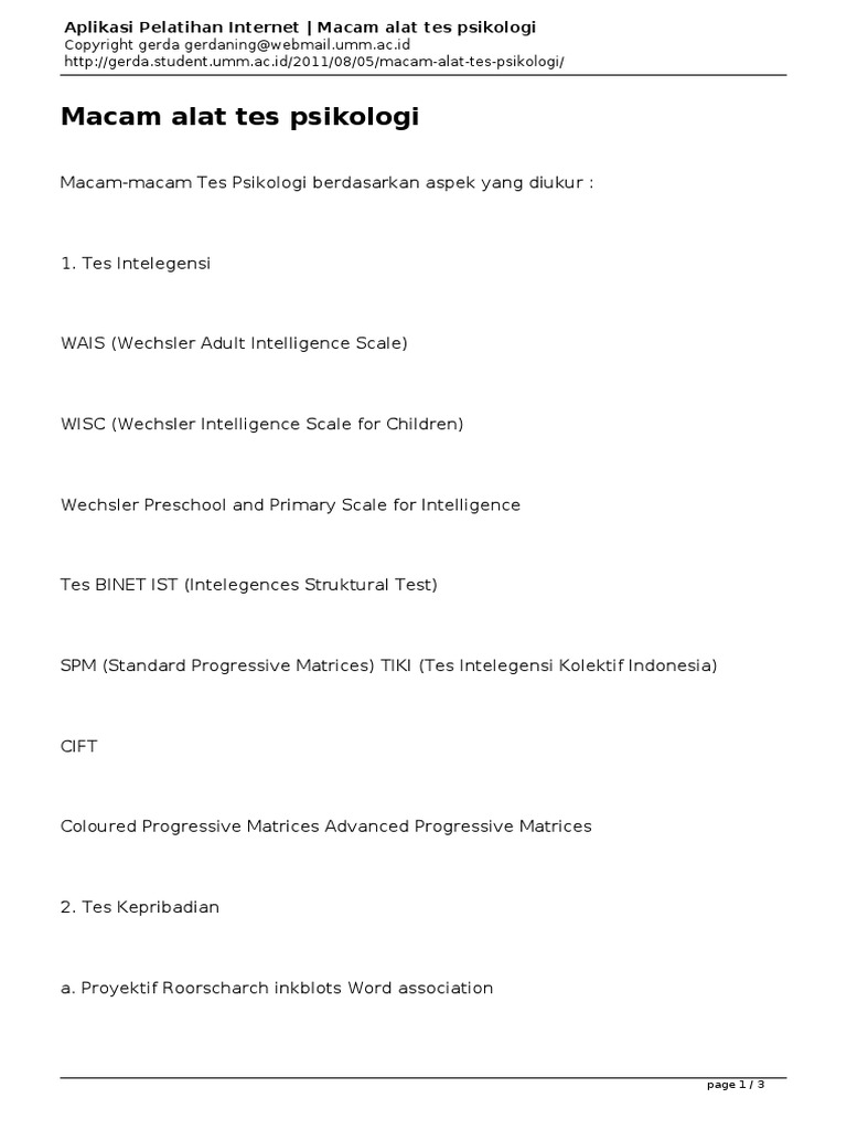 Aplikasi Pelatihan Internet Macam Alat Tes Psikologi