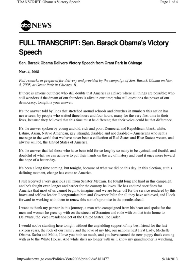 Obama Victory Speech Pdf Barack Obama Presidential Campaign Barack Obama