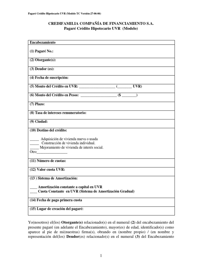 Pagare Credito Hipotecario en Uvr Modelo TC | PDF | Pagos | Crédito ...