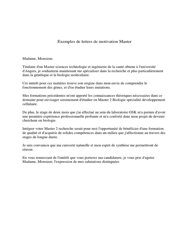Exemples de Lettre de Motivation Baccalauréat universitaire Université
