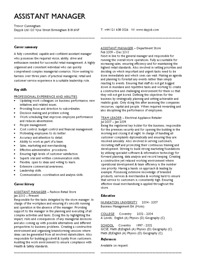 Assistant Manager CV Template | PDF | Business