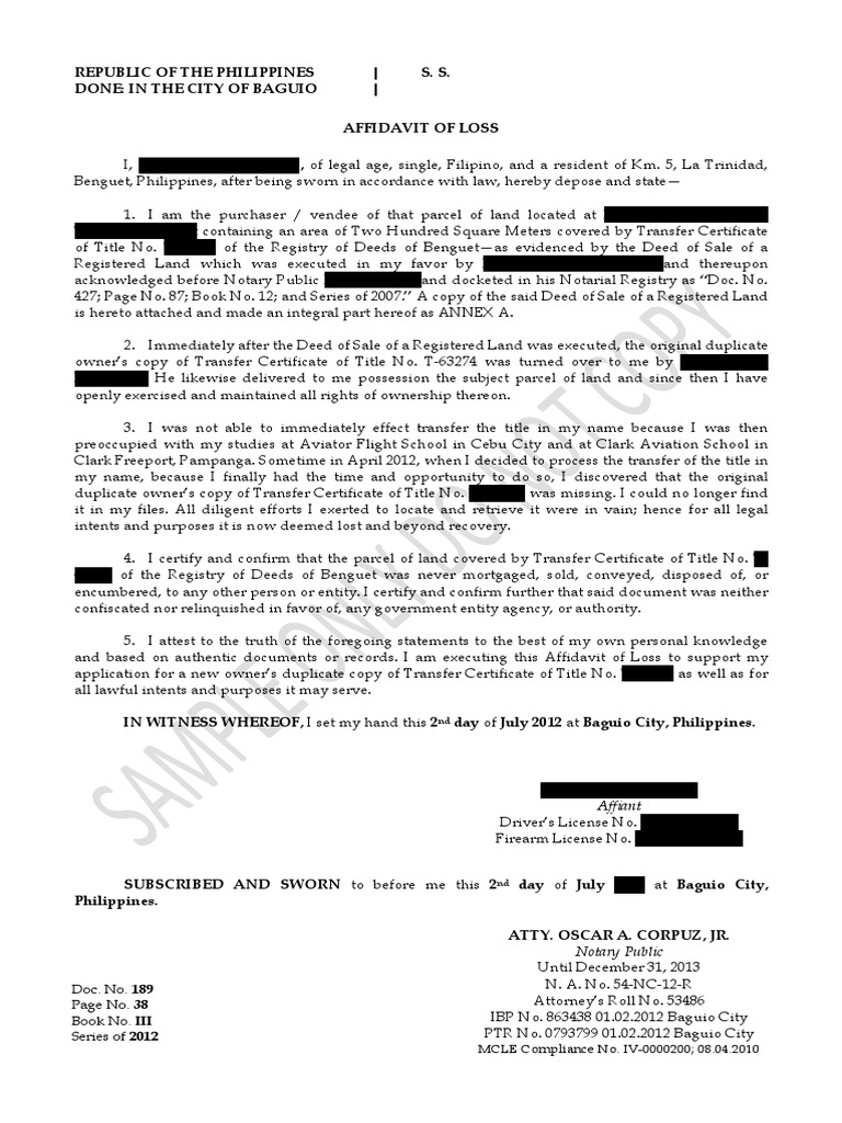 Sample Affidavit of Lost Title Notary Public Civil Law Law)