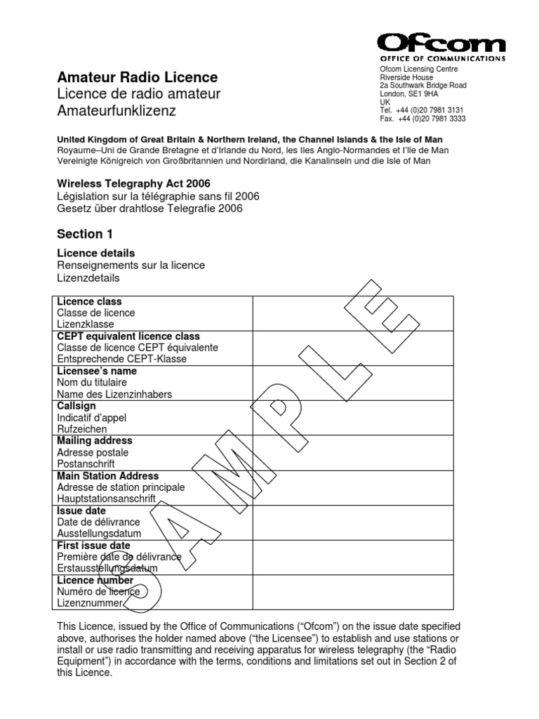 Amature Licence Conditions (Sample) PDF Amateur Radio License