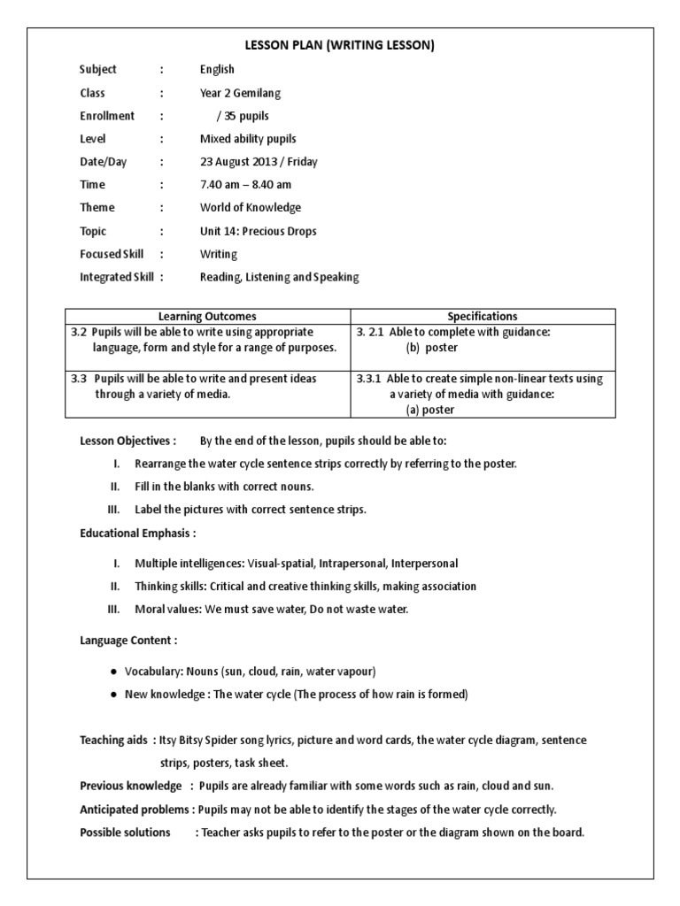 Water Cycle Lesson Plan for Year 2 | PDF | Lesson Plan | Pedagogy