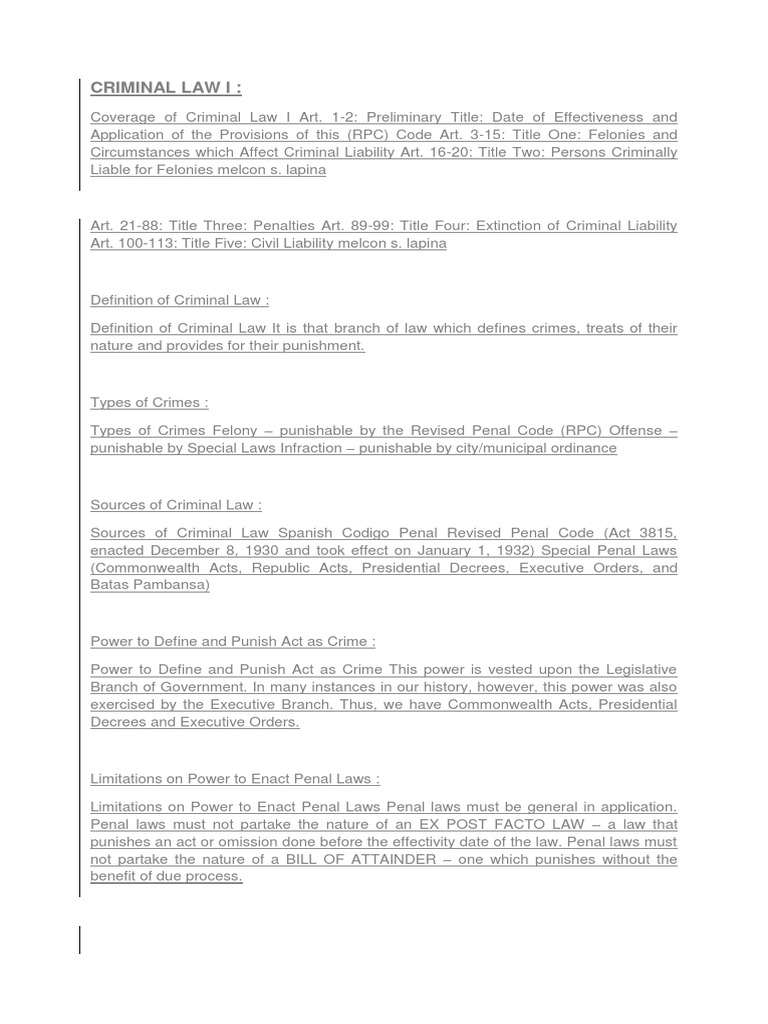 CRIMINAL LAW I Notes | PDF | Conspiracy (Criminal) | Crime & Violence