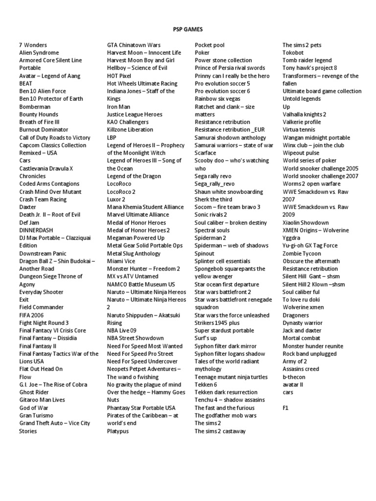 PSP Games List Video Games Entertainment