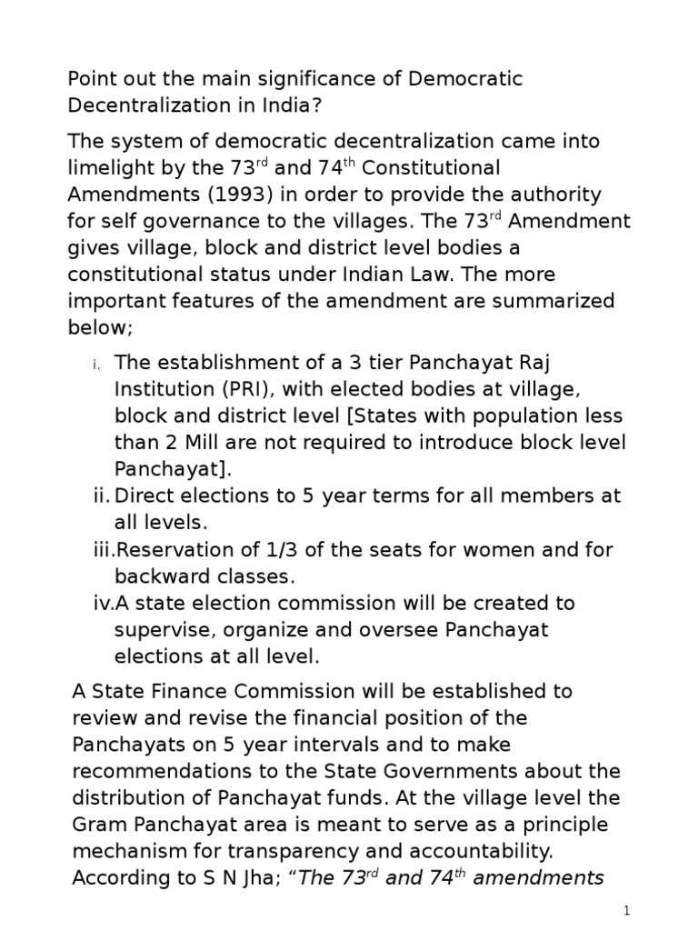 Point Out The Main Significance of Democratic Decentralization in India ...