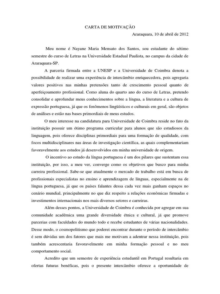 CARTA DE MOTIVAÇÃO  Sociologia  Aprendizado