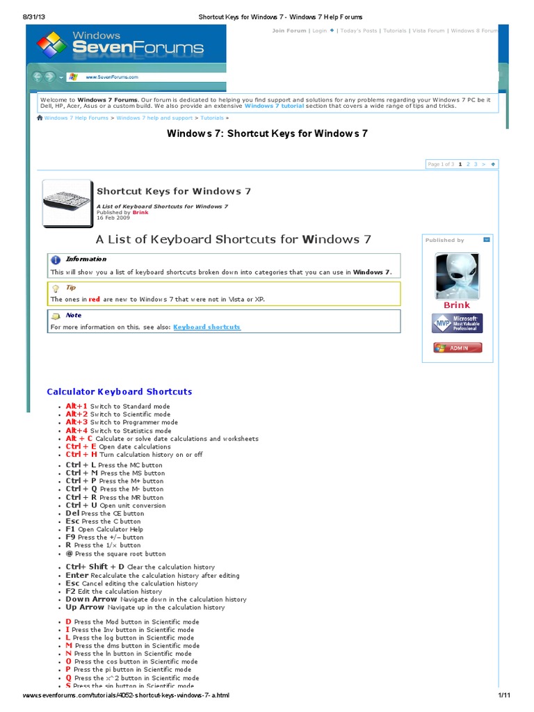 Shortcut Keys For Window - Ds 7 - Windows 7 Help Forums | PDF ...