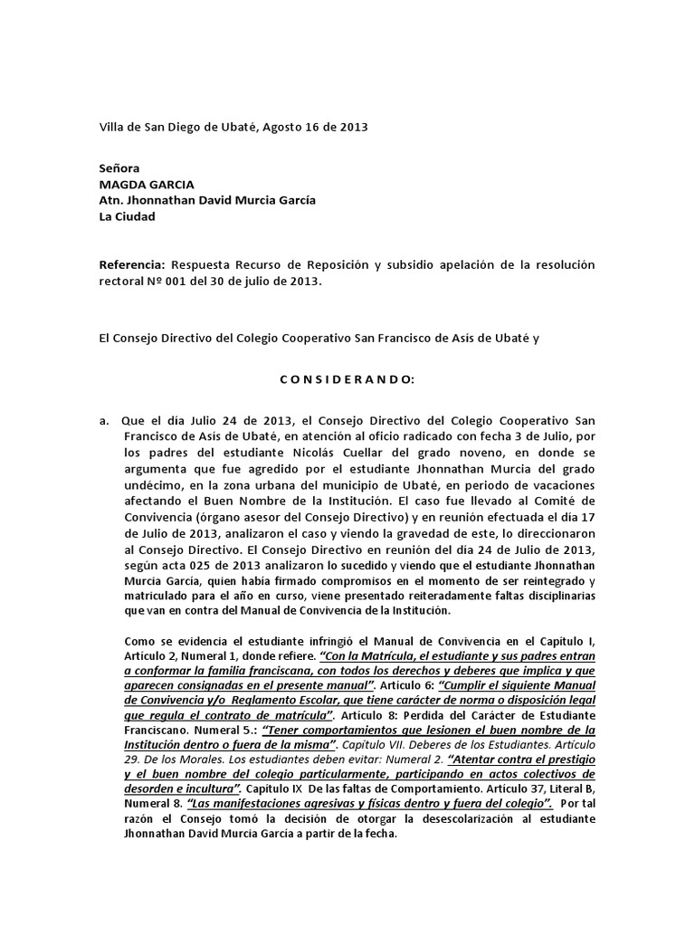 Contestacion Recurso de Reposicion Jonathan Murcia | PDF | Derecho  Constitucional | Instituciones sociales