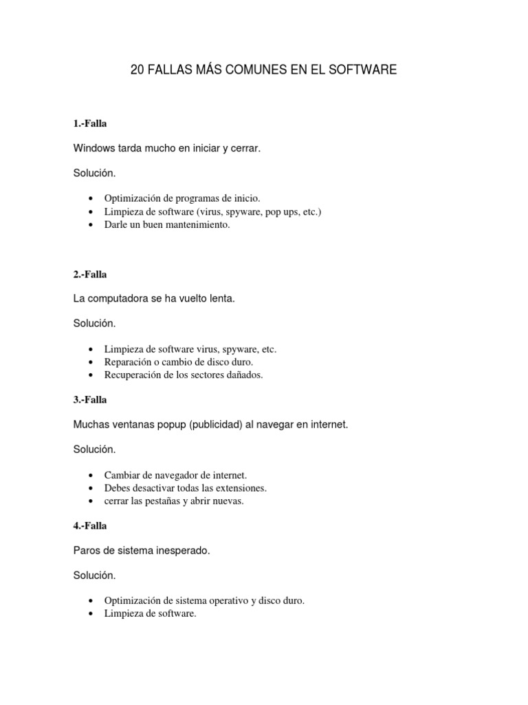 20 Fallas Más Comunes En El Software Pdf Microsoft Windows
