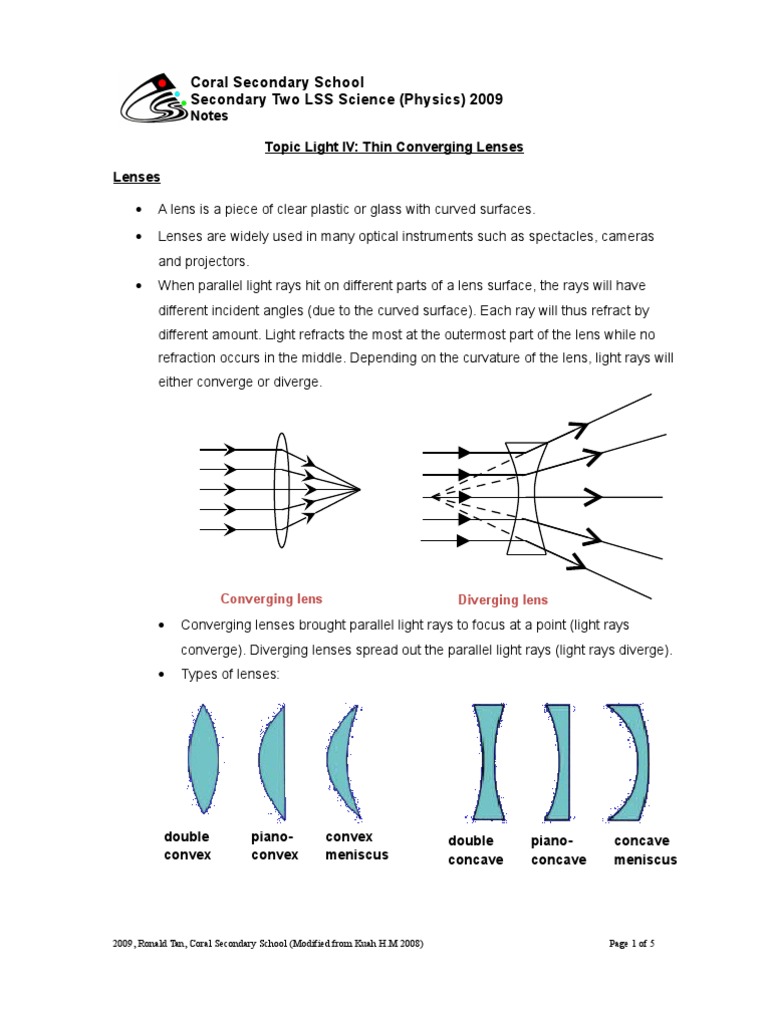 Thin Converging Lenses Notes Lens (Optics) Optics