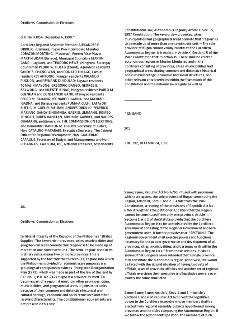 192 scra 100 ordillo vs comelec pdf constitutional law justice