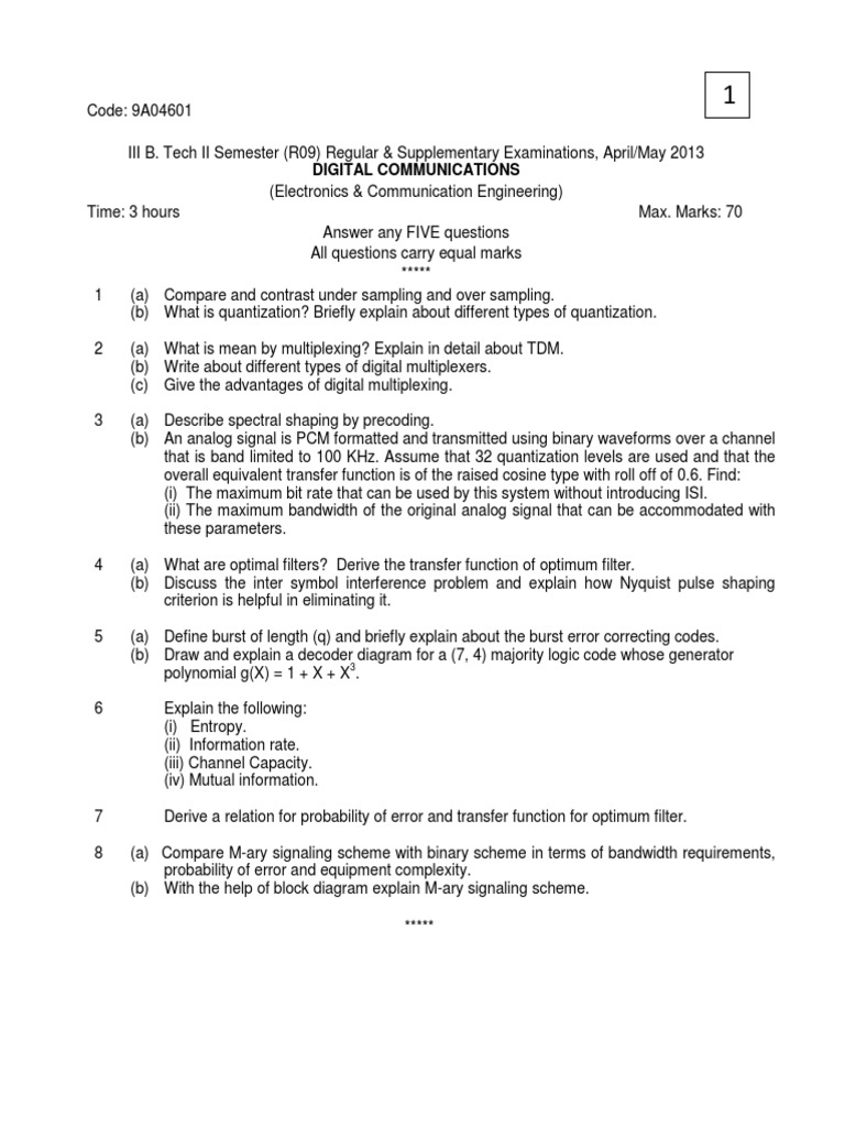 Digital Communications Exam Questions 2013 | PDF | Media Technology ...