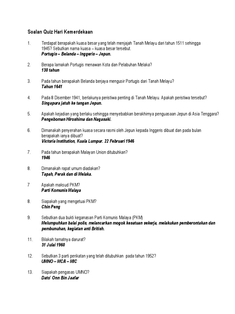 Soalan Quiz Hari Kemerdekaan Pdf