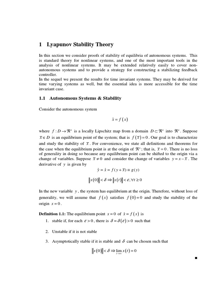 Lyapunov Stability in Autonomous Systems | PDF