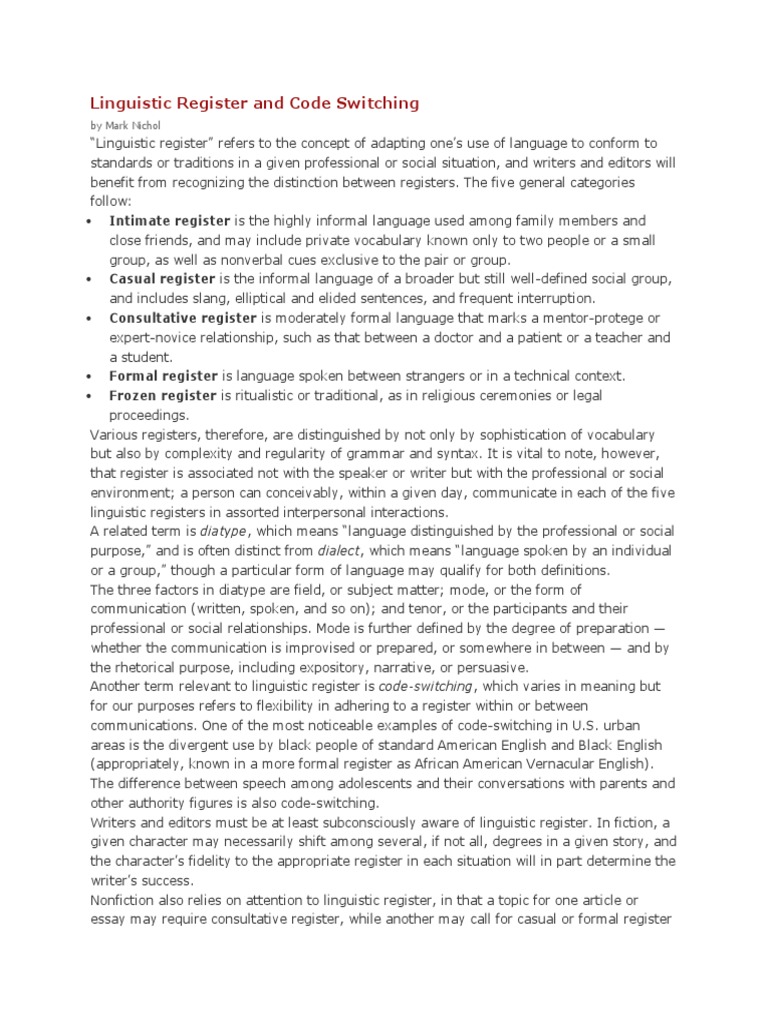 Linguistic Register and Code Switching PDF Lexicon Linguistics