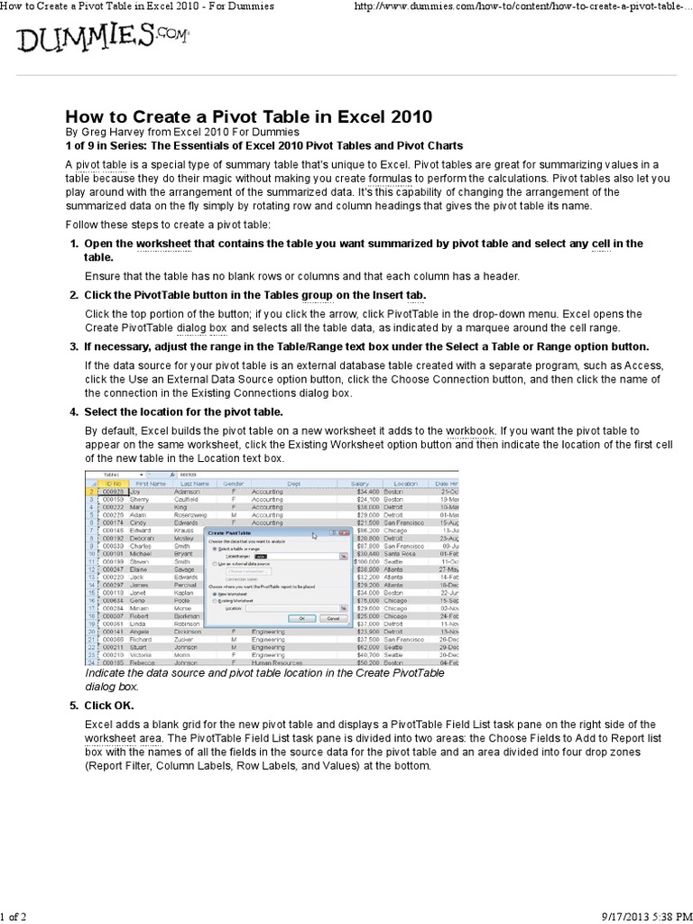 how-to-create-a-pivot-table-in-excel-2010-for-dummies-pdf-pdf-application-software