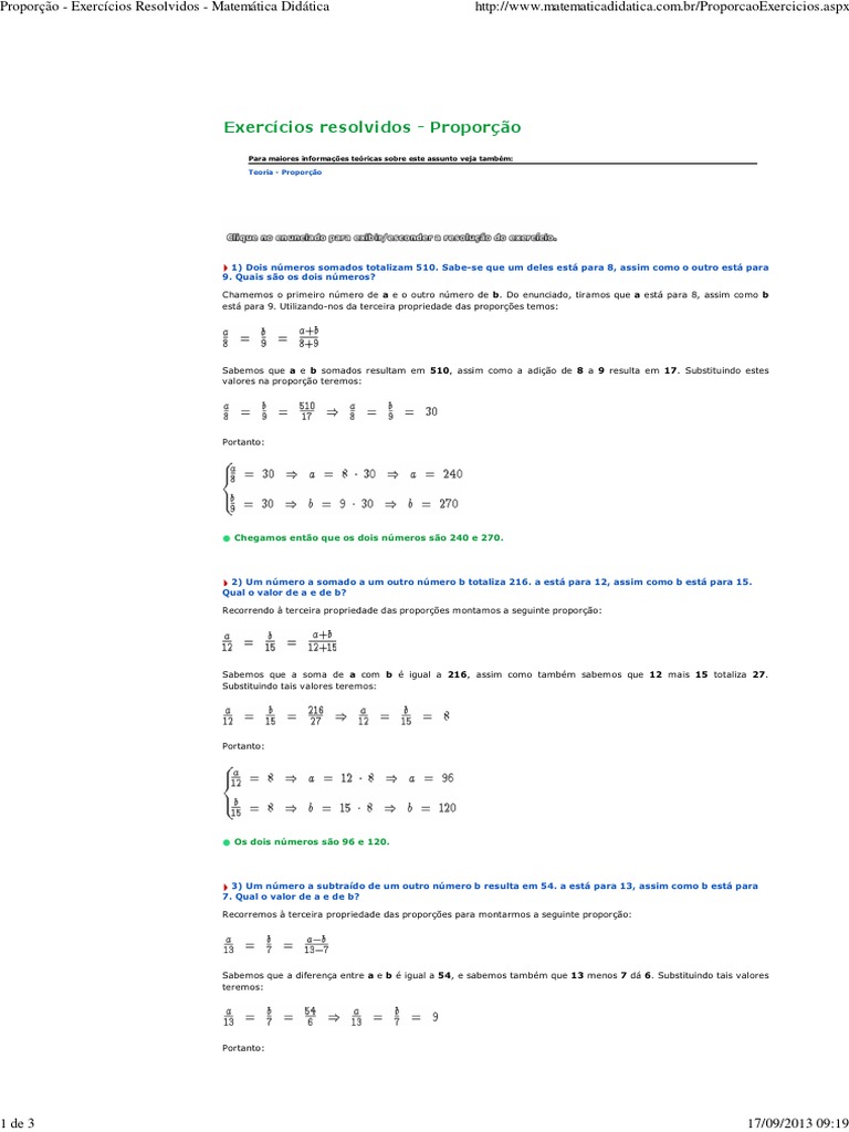 Proporção - Exercícios Resolvidos | PDF | Ensino de Matemática | Science
