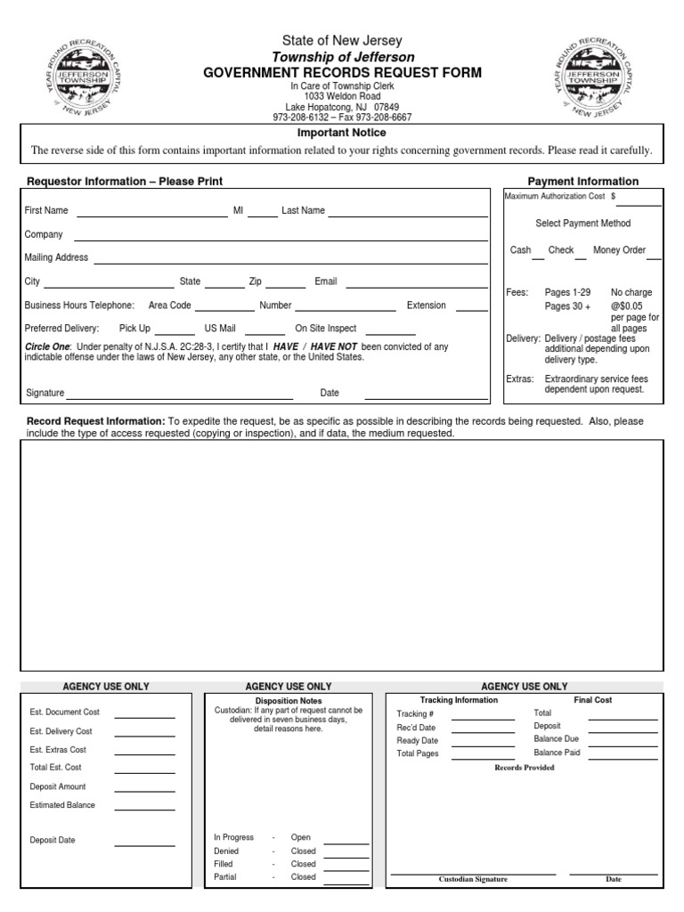 Jefferson Township OPRA Request Form Download Free PDF Discovery