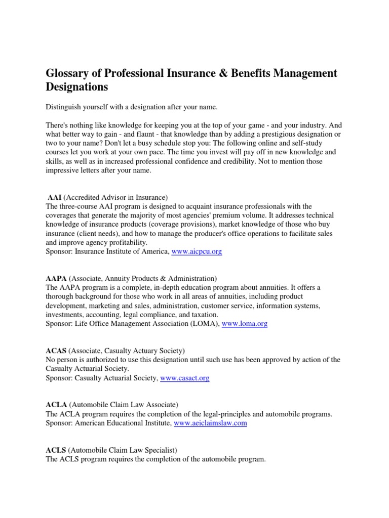 Professional Insurance Designations Guide | PDF | Reinsurance ...