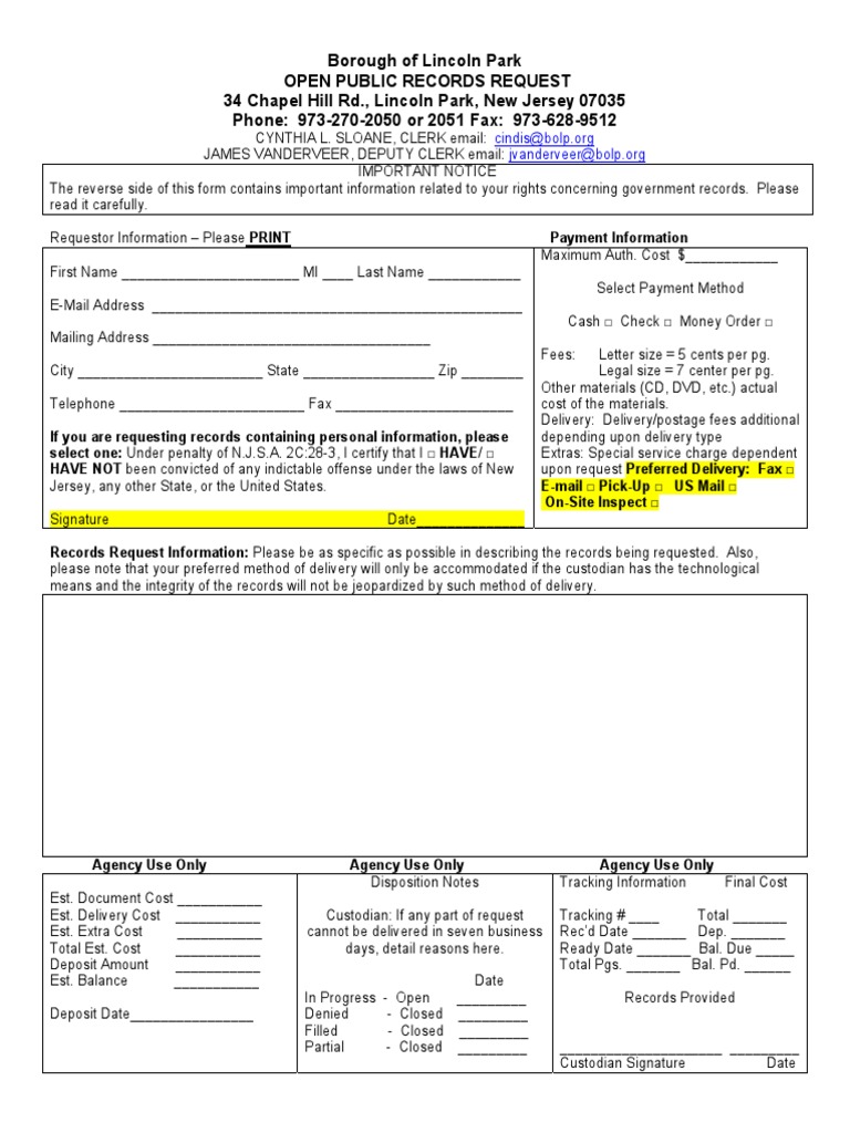 Lincoln Park OPRA Request Form Online Safety & Privacy Computer