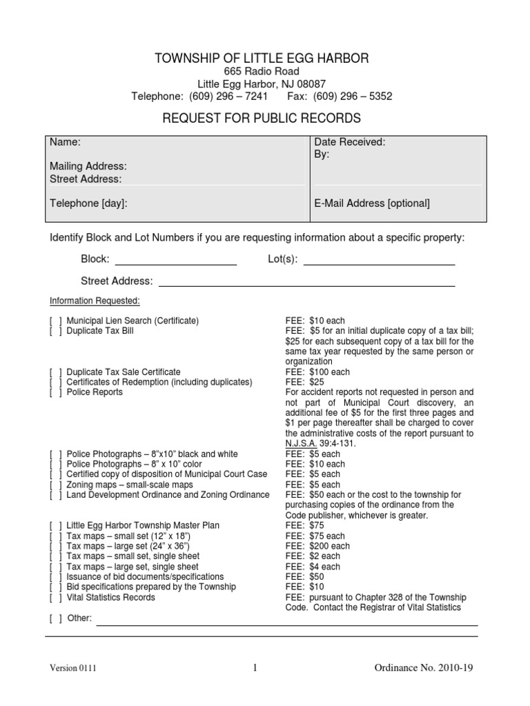 Little Egg Harbor OPRA Request Form PDF Fee Employment