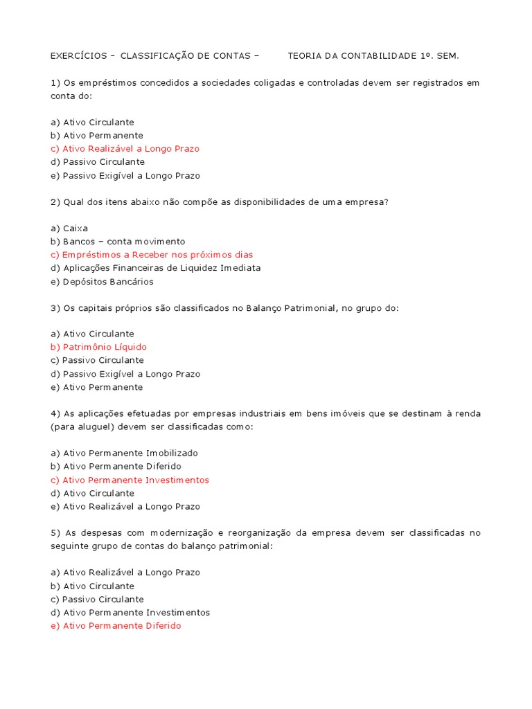 Exercícios - Classificação de Contas | PDF | Ativo fixo | Balancete, image size:768x1024